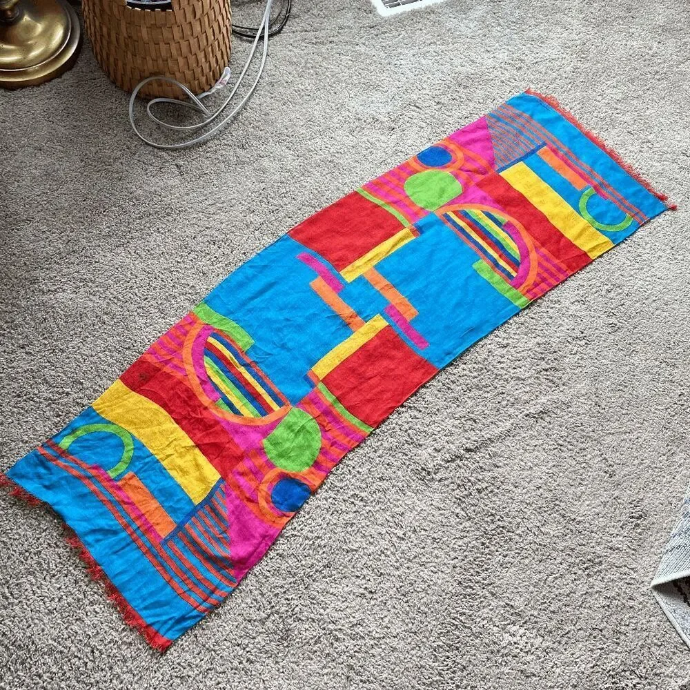 VTG Liz Claiborne Geometric Scarf 17x56 Memphis Colorblock Fringe Dopamine
